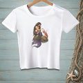 White t-shirt with a graphic of a mermaid and lobster on a rock.