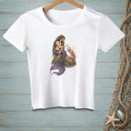 White t-shirt with a graphic of a mermaid and lobster on a rock.