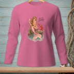 Mermaid holding champagne on dock with lobster; "Be So Serious." text.