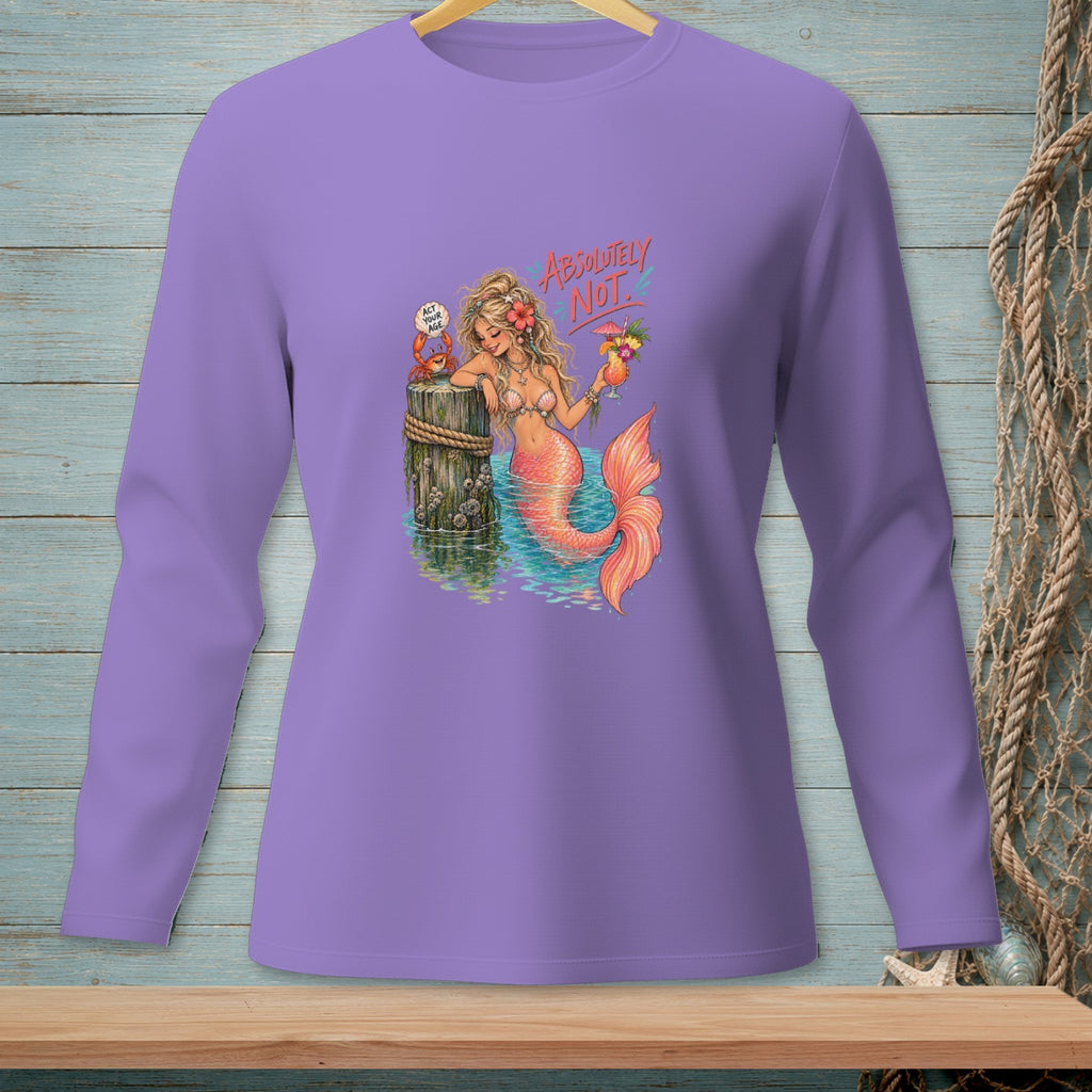 Illustration of a mermaid holding a drink, with text "ABSOLUTELY NOT" and a crab.