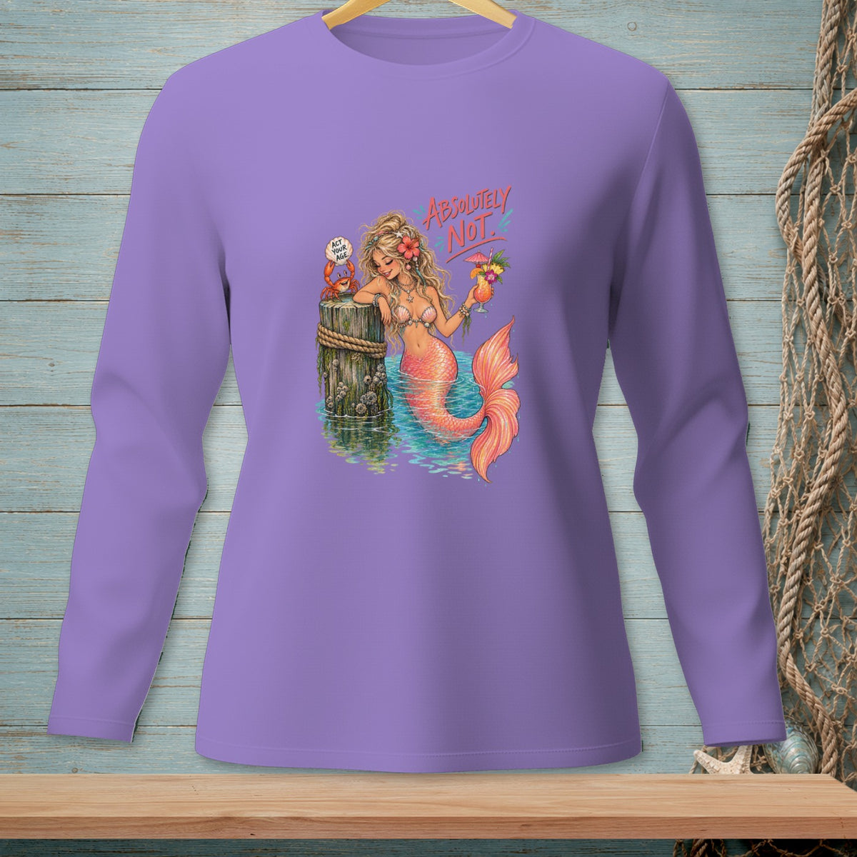Illustration of a mermaid holding a drink, with text "ABSOLUTELY NOT" and a crab.