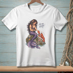 White t-shirt with mermaid giving a lobster a gift, text "A for Effort."