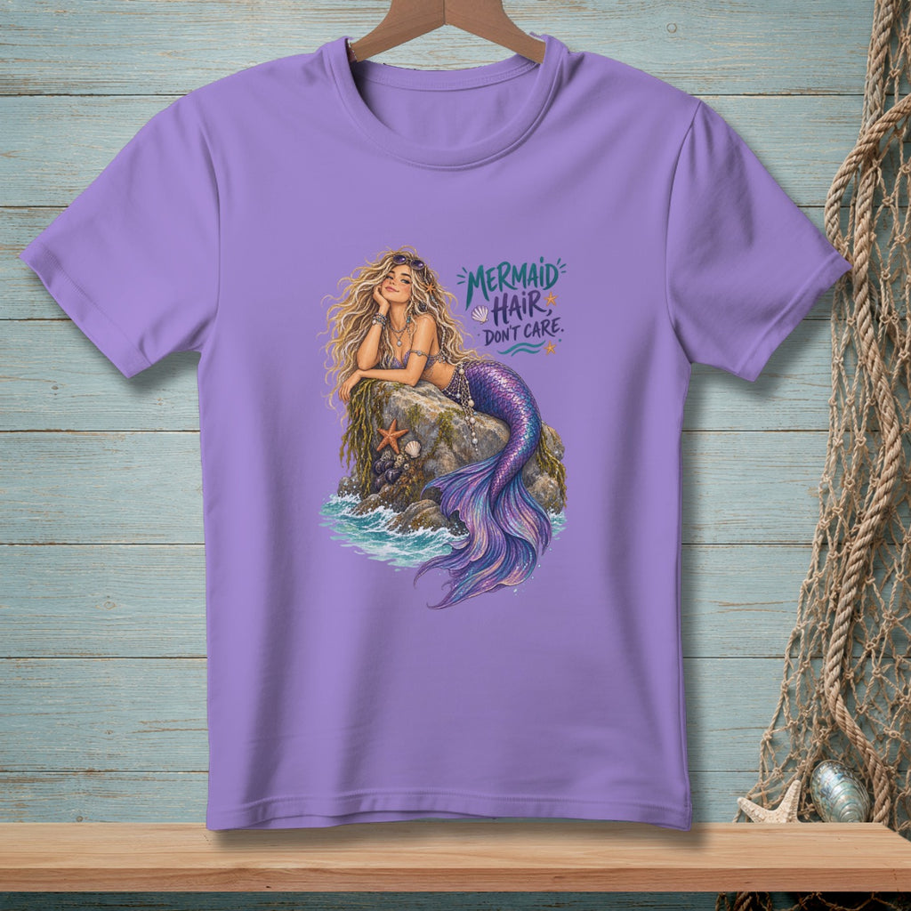 Purple t-shirt with a mermaid graphic and text "Mermaid Hair Don't Care".