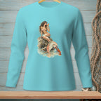 Mermaid with lobster on rock, drinking a cocktail, on a blue long-sleeved shirt.