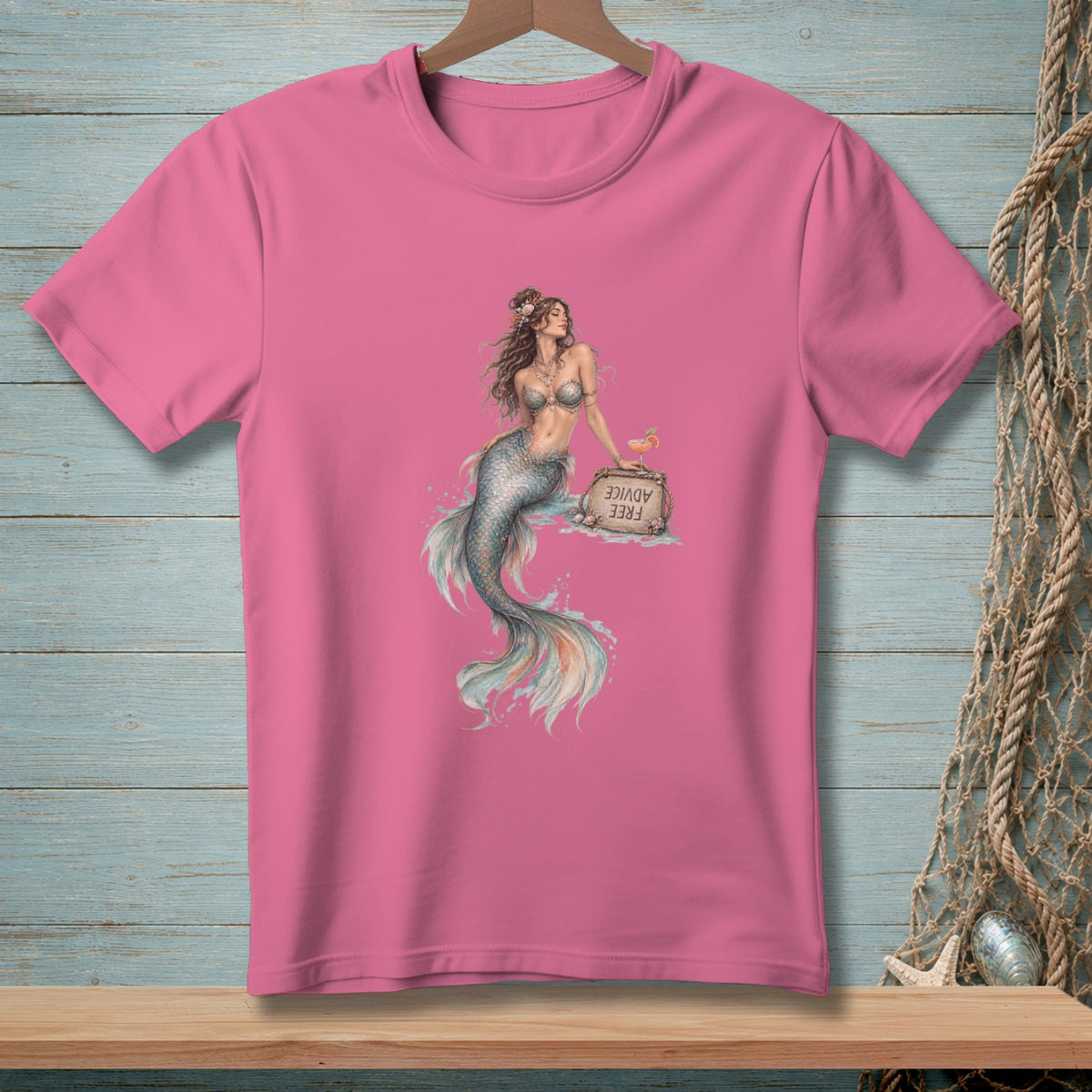 Pink t-shirt with a mermaid sitting and holding a sign that reads "FREE ADVICE".