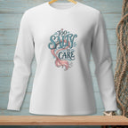 White long-sleeve shirt with "Too Salty to Care" and mermaid tail design.