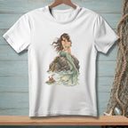 White t-shirt with illustration of a mermaid sitting on a rock with a crab.