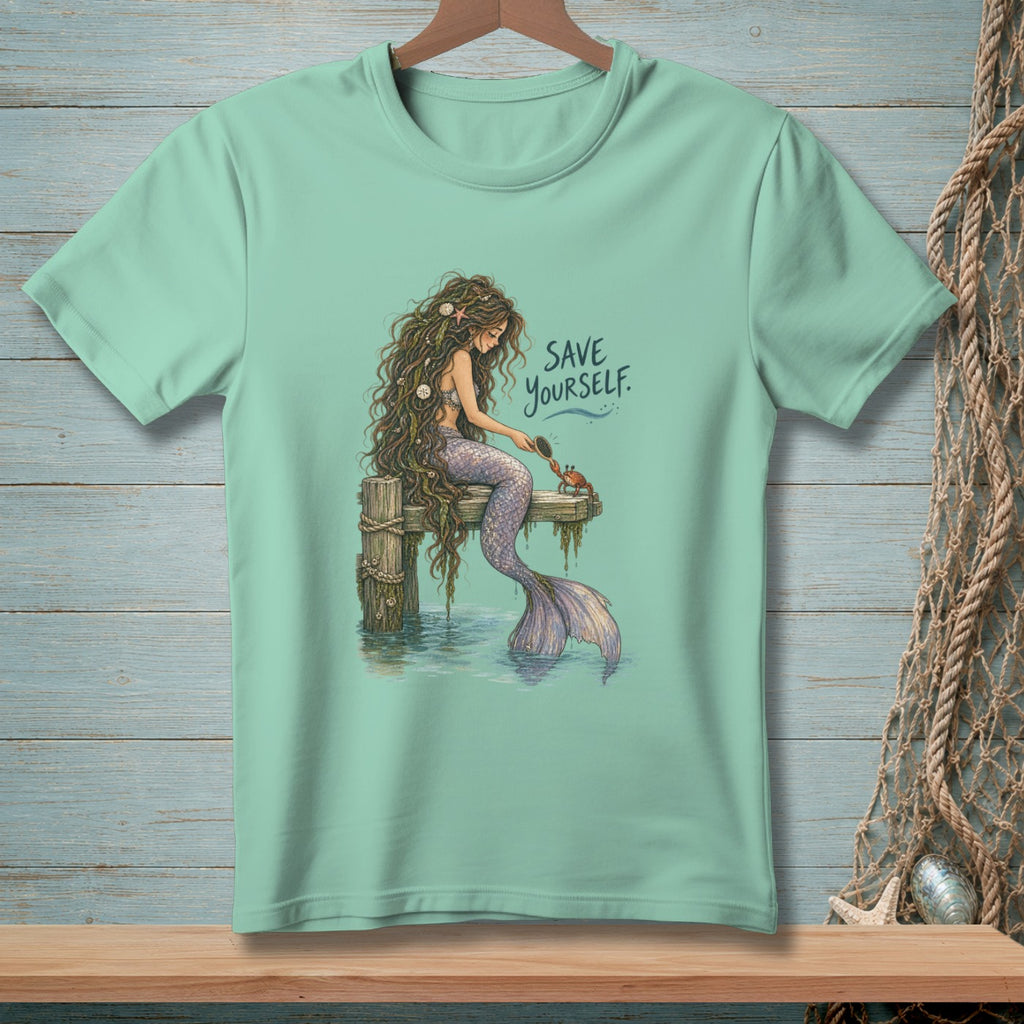 Mint t-shirt with mermaid and crab illustration, "Save Yourself." text.