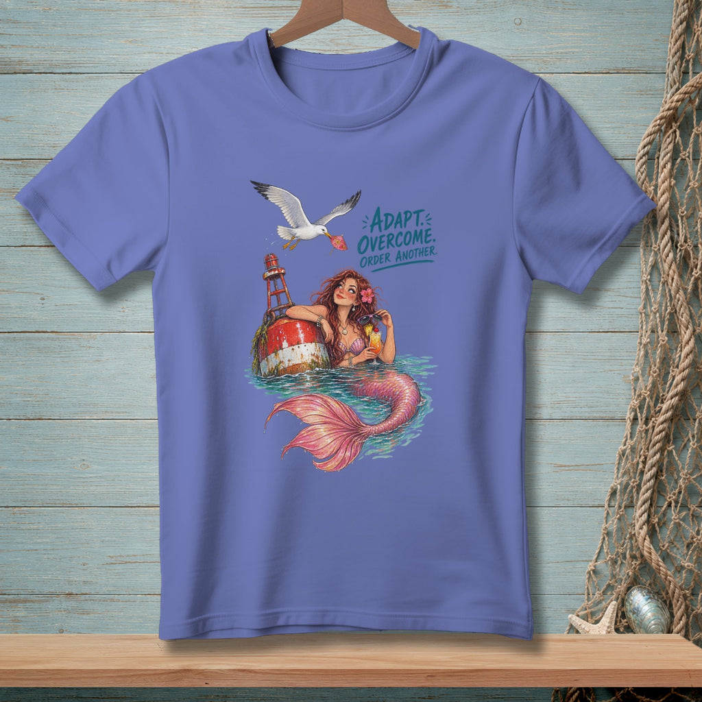 Mermaid with cocktail sits on a buoy near a lighthouse, seagull overhead.