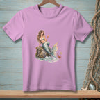 Lavender t-shirt with a mermaid holding a drink and a crab holding a sign.