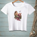 White t-shirt with illustration of a mermaid and lobster, text "AND?".