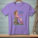 Purple t-shirt with a graphic of a mermaid and an angry crab, saying "Talk to the tail, crabcake."