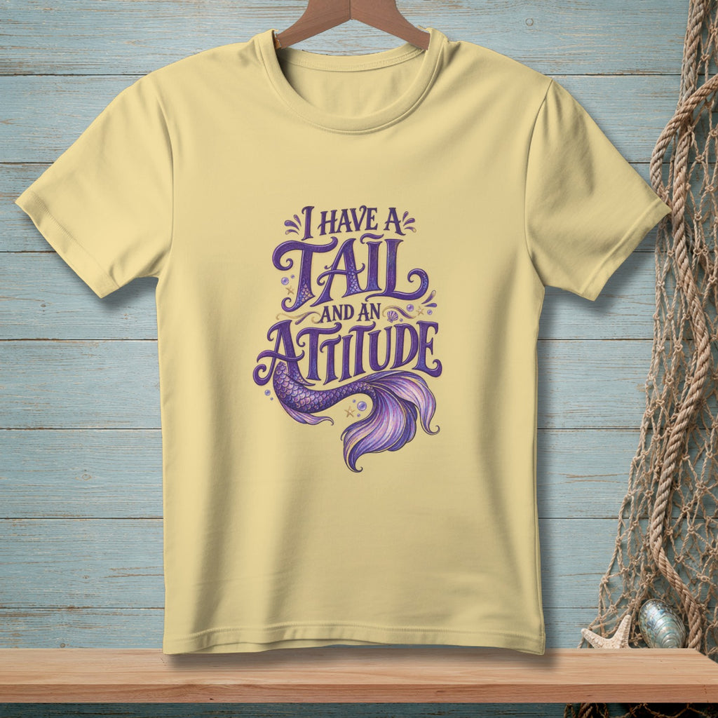 Yellow t-shirt with "I have a tail and an attitude" mermaid graphic.