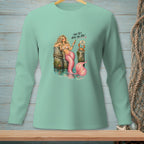Mermaid with pink tail and crab on a dock, holding a drink, "Too Much Attitude."