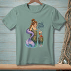 Mermaid and crab by wooden posts with text "Now You've Have My Attention."