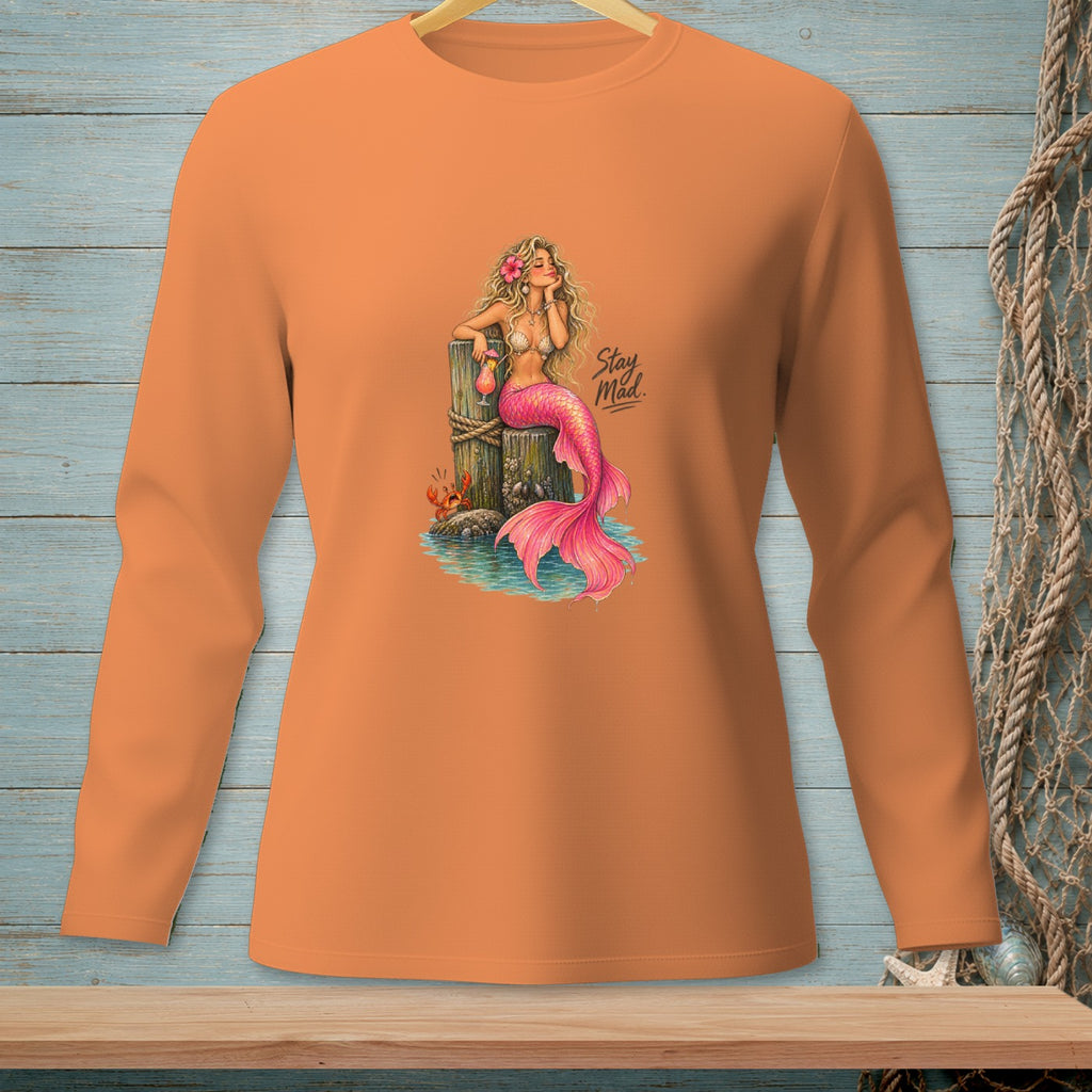 Orange long sleeve shirt with a mermaid, crab, and "Stay Mad." text graphic.