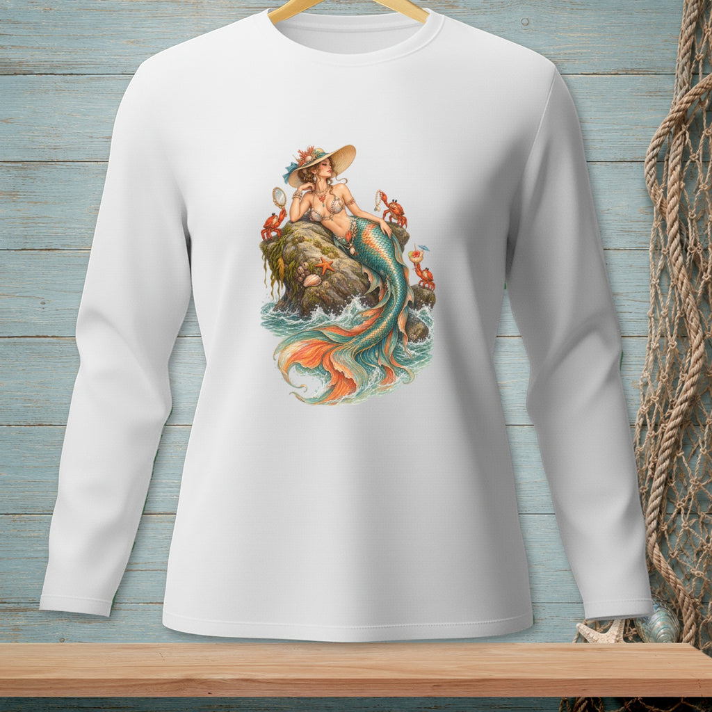 White long-sleeve shirt with a graphic of a mermaid on a rock with crabs and a starfish.