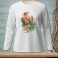 White long-sleeve shirt with a graphic of a mermaid on a rock with crabs and a starfish.