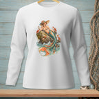White long-sleeve shirt with a graphic of a mermaid on a rock with crabs and a starfish.