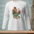 Mermaid by a post holding jewelry with an octopus beside her.