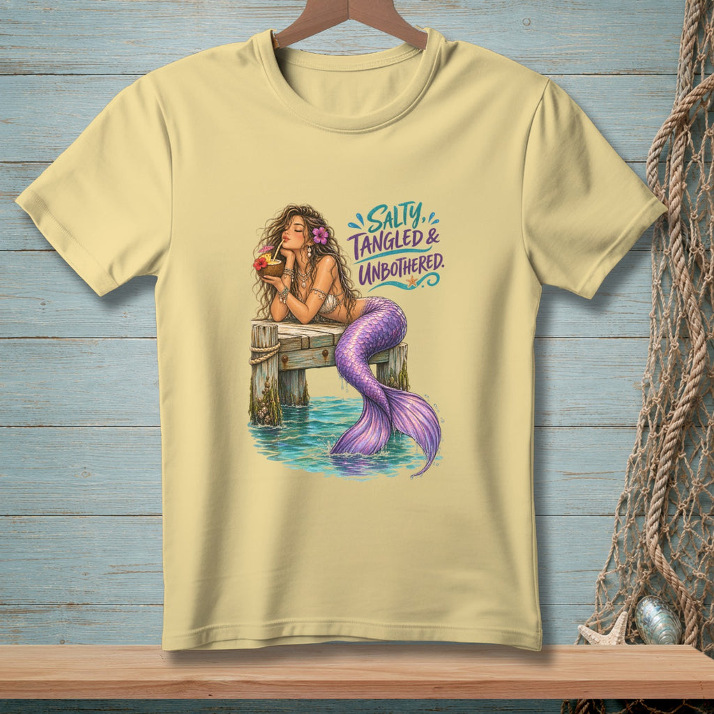 Yellow t-shirt with mermaid graphic and text "Salty, Tangled & Unbothered."