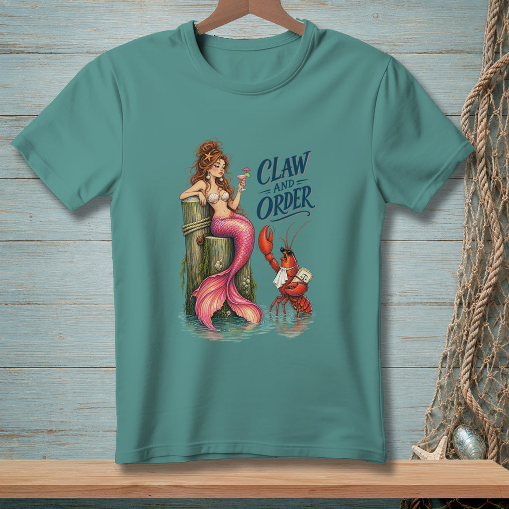 Mermaid with cocktail and lobster wearing a tie and badge, text "Claw and Order".