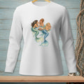 White long-sleeved shirt with three mermaids gathered around a tray of drinks.