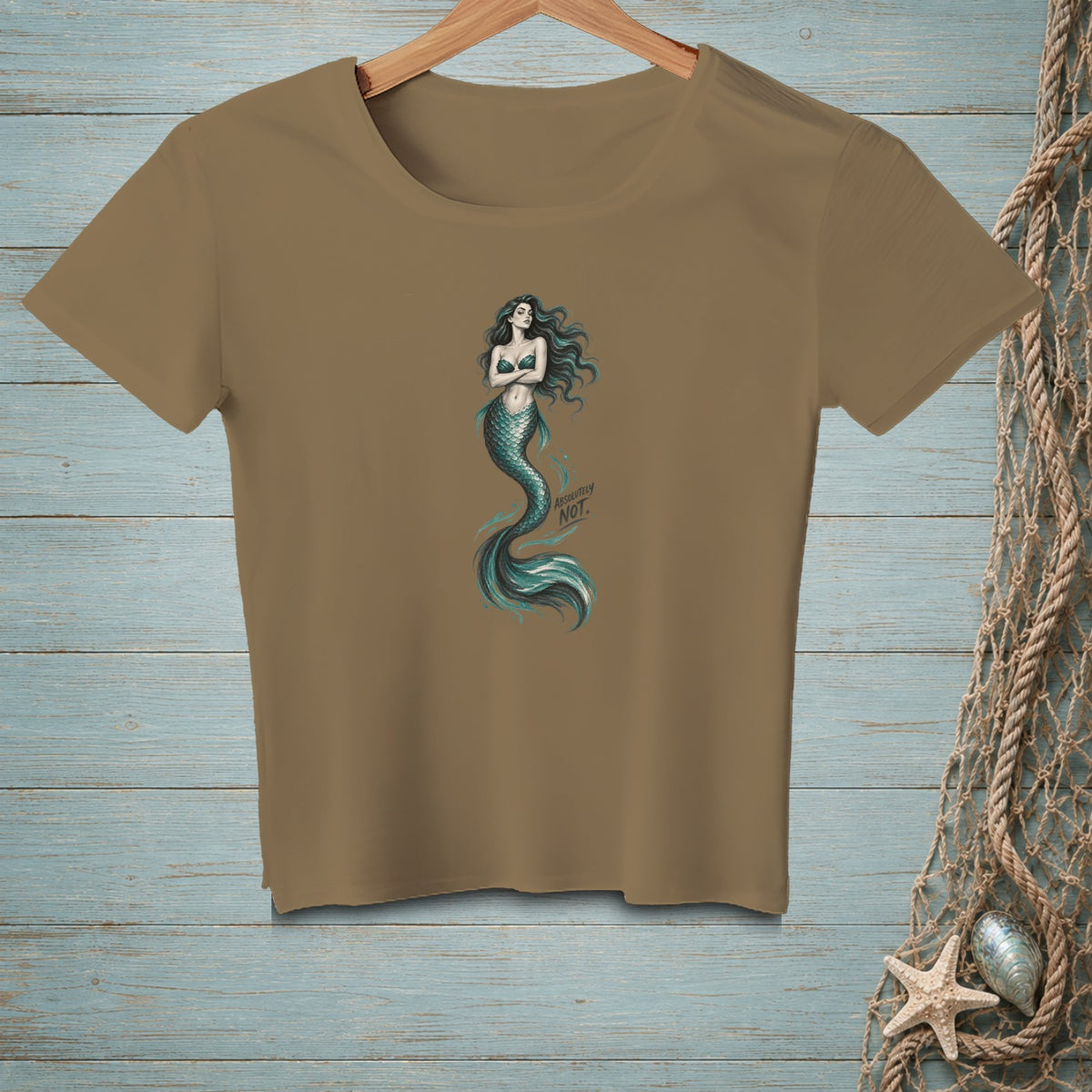 Brown t-shirt with mermaid graphic and text "ABSOLUTELY NOT."
