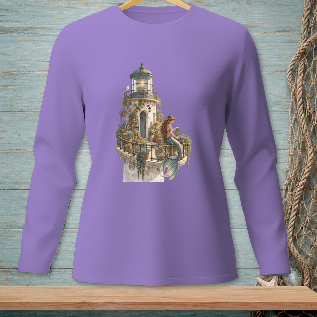 Purple long-sleeve shirt with a mermaid and lighthouse graphic.