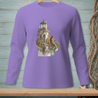 Purple long-sleeve shirt with a mermaid and lighthouse graphic.