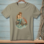 Mermaid sitting on rock with lobster offering a pearl in the water.