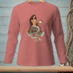 Mermaid with long hair sitting on a rock, interacting with a pufferfish.