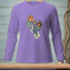 Two mermaids with green tails and brown hair share a drink from a tray.