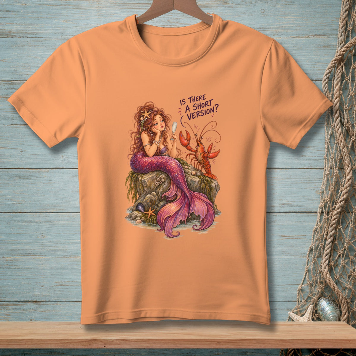 Mermaid with lobster on a rock, text reads "Is there a short version?".