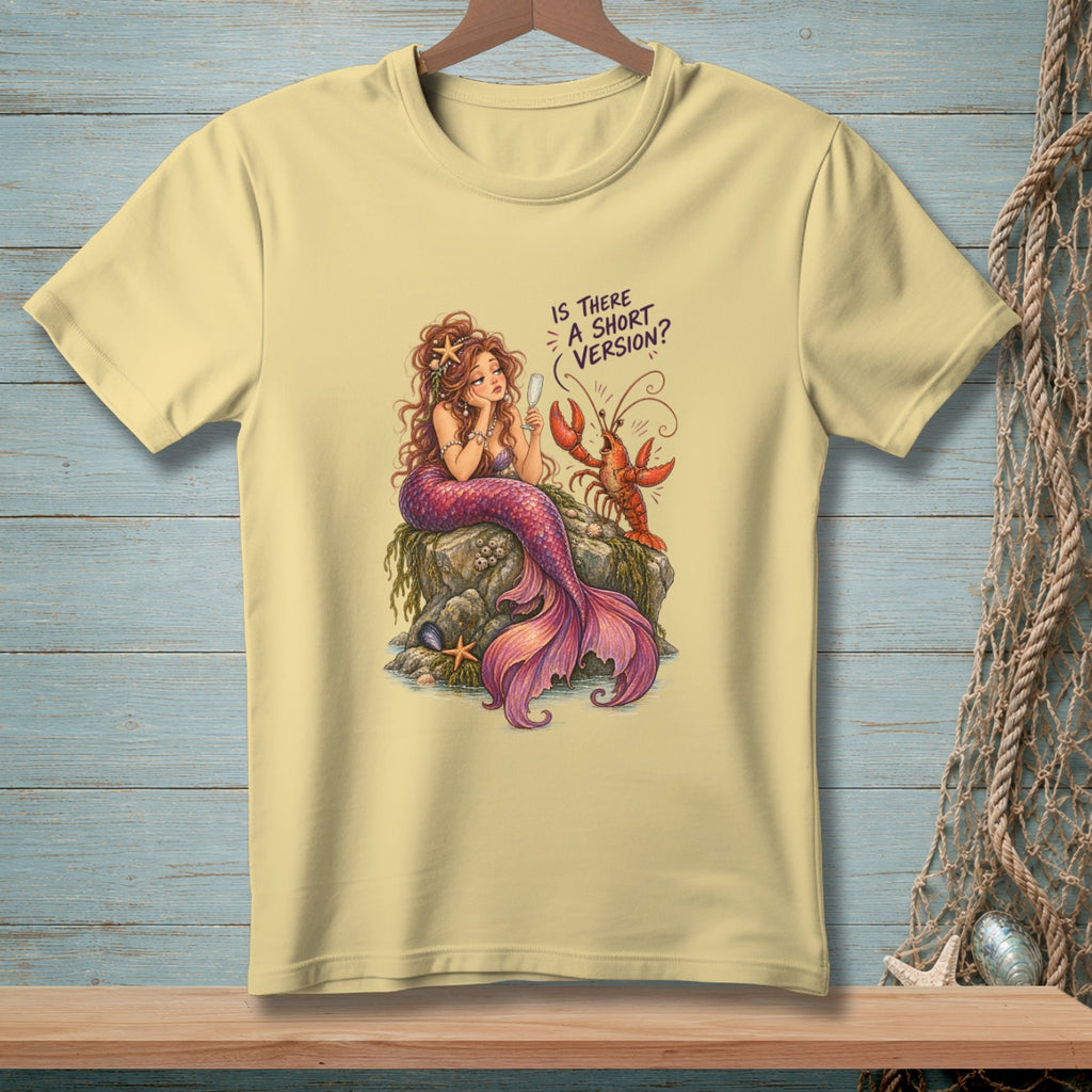 Mermaid sitting on rocks with a lobster and the text "IS THERE A SHORT VERSION?"