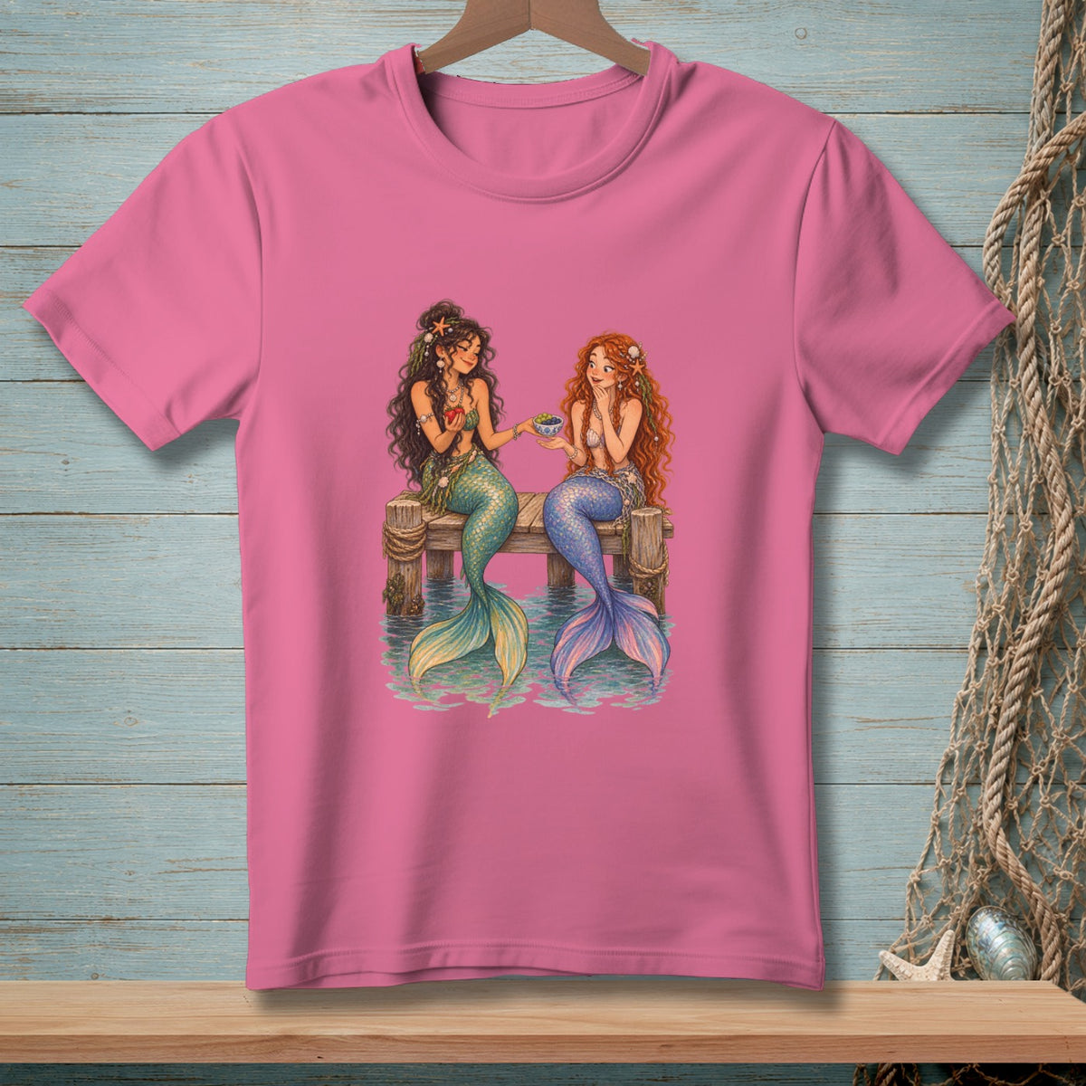Two mermaids sit on a wooden pier, sharing a bowl of fruit.