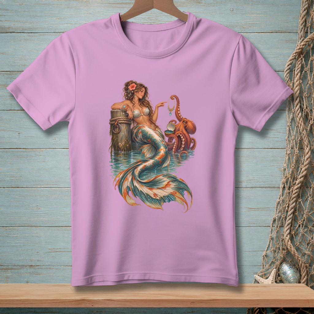 Illustration of a mermaid with octopus and jewelry on a pink t-shirt.