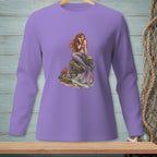 Lavender long-sleeve shirt with a mermaid and crab sitting on rocks.