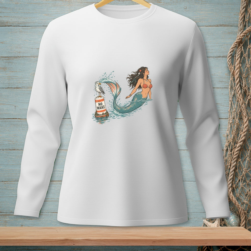 Mermaid and seagull on buoy with "NO WAKE" text.
