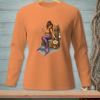 Orange long-sleeve shirt with mermaid, crab, and "Too Much?" text design.
