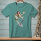 Mermaid holding pufferfish near buoy with text "Good Vibes Only".