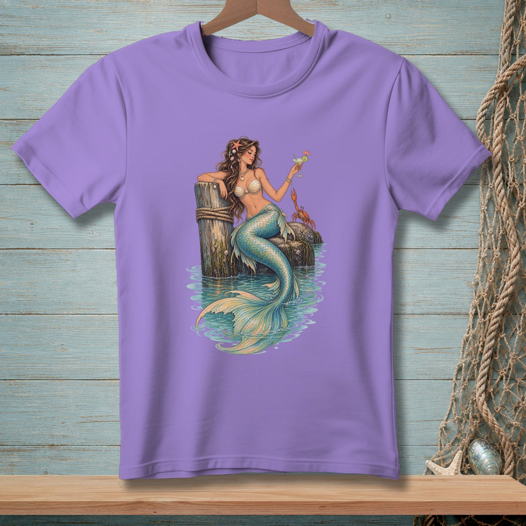 Mermaid with drink and crab sitting on a dock post.