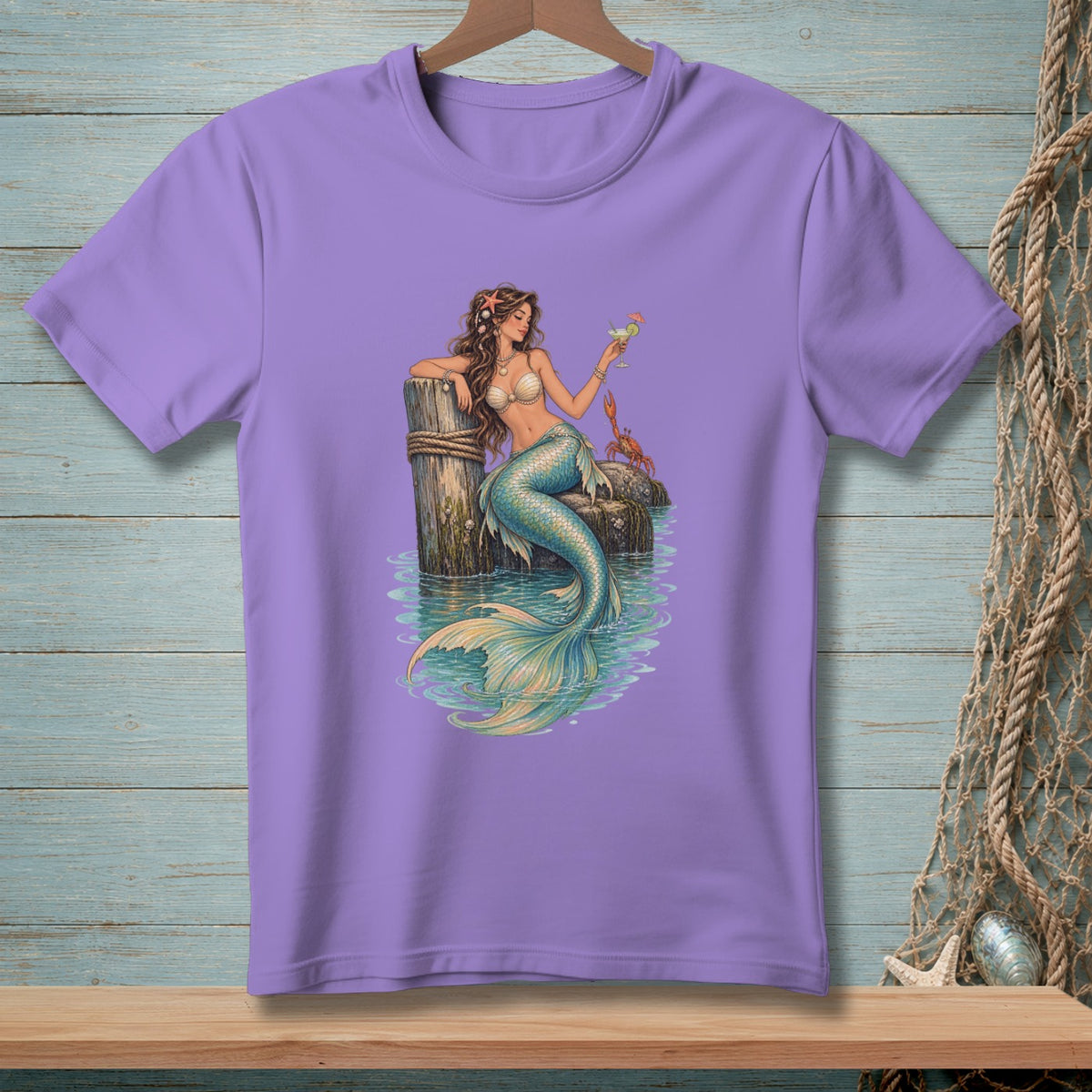 Mermaid with drink and crab sitting on a dock post.
