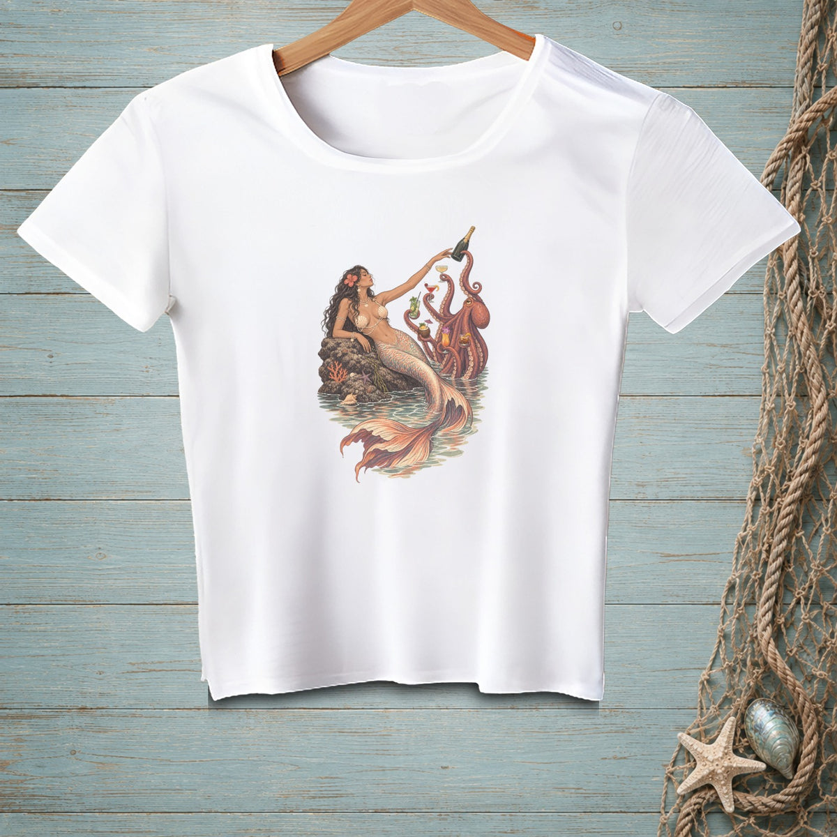 T-shirt featuring a mermaid pouring champagne with an octopus and cocktails.