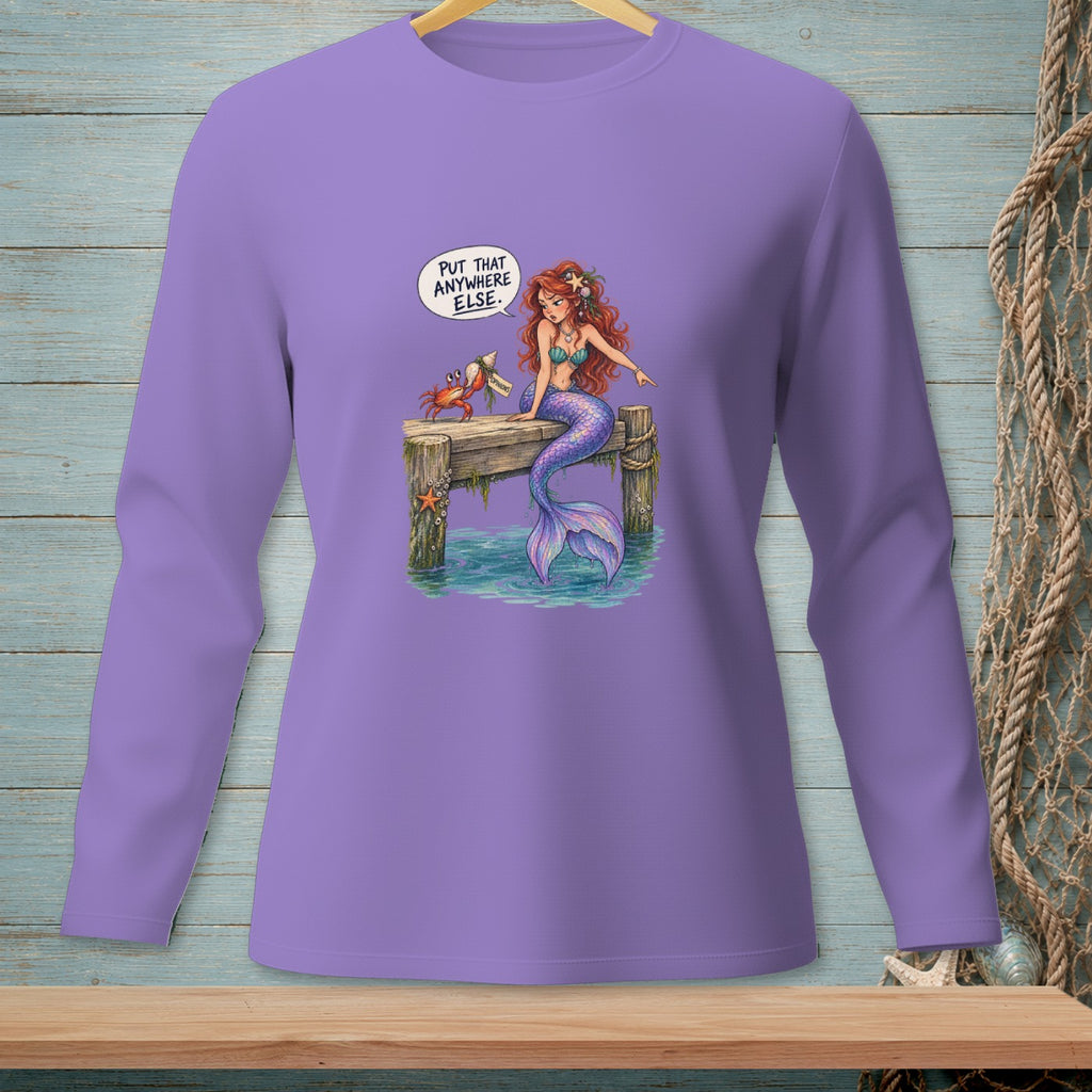 Purple long-sleeve shirt with mermaid and crab on a dock saying "Put that anywhere else."