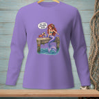 Purple long-sleeve shirt with mermaid and crab on a dock saying "Put that anywhere else."