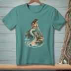Teal t-shirt with mermaid sitting on a rock with a crab holding a sign.