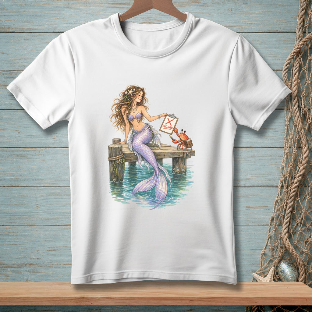 Mermaid on pier shows crab a clipboard with "DECLINED" and a red X.