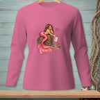 Pink long-sleeve shirt with a mermaid, crab, and checklist graphic that says "THERE. BETTER."