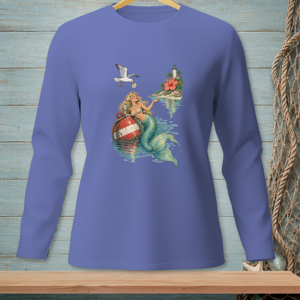 Long-sleeve shirt with a mermaid sitting on a buoy with a seagull and lighthouse design.